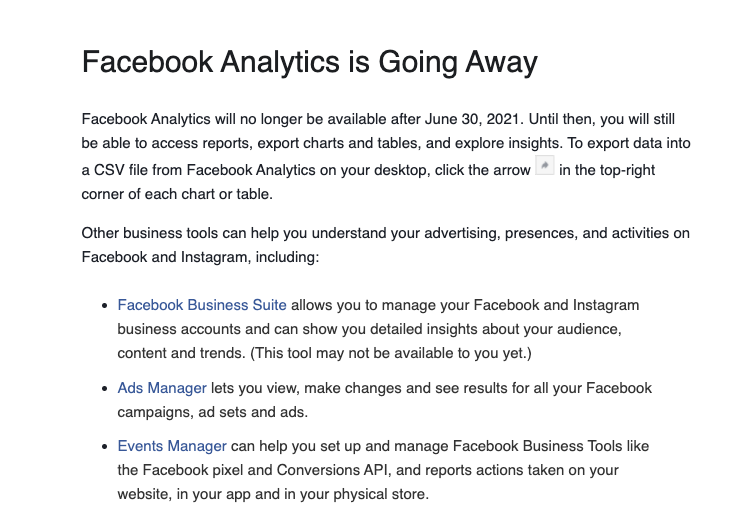 Bye Bye #FacebookAnalytics 👋👋
¡Con lo bien que iba esta herramienta! 😭
Facebook Analytics desaparecerá a partir del 30 de junio de 2021.

Te dejamos la info oficial de Facebook en este enlace > facebook.com/business/help/… 

#FacebookAds #SocialMediaMarketing #SocialPaidMedia