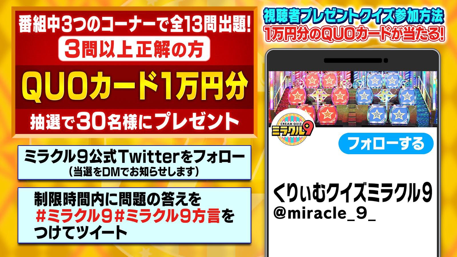 くりぃむクイズミラクル9 次回は4月7日 水 よる8時 一部地域を除く この後時頃 ミラクル9 視聴者参加クイズ企画 スタート 方言qでは6 問出題します 参加方法 このアカウントをフォロー 制限時間内に下記の と 問題の答え をツイート くりぃむクイズミラクル9 次回は4月7日 水 よる8時 一部地域を除く この後時頃 ミラクル9 視聴者参加クイズ企画 スタート 方言qでは6 問出題します 参加方法 このアカウントをフォロー 制限時間内に下記の と 問題の答え をツイート