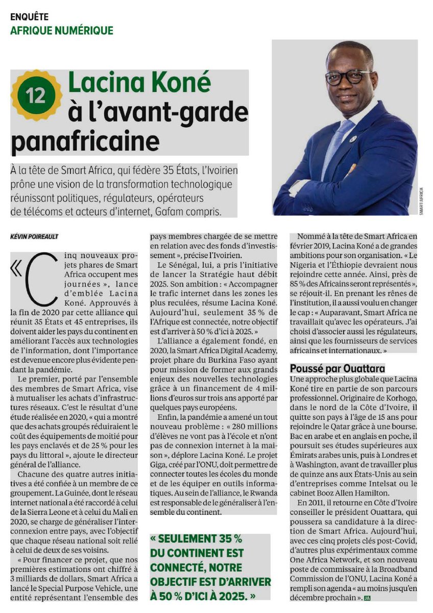 CEOSmartAfrica's tweet photo. I am honoured to be 12th among the 50 personalities influencing Africa’s digital transformation by @jeune_afrique. Sincere gratitude to our Chairman, H.E. President @PaulKagame, Heads of State of member countries, Ministers of #ICT, Regulators, Partners &amp; the team at Smart Africa https://t.co/858BS82LZO