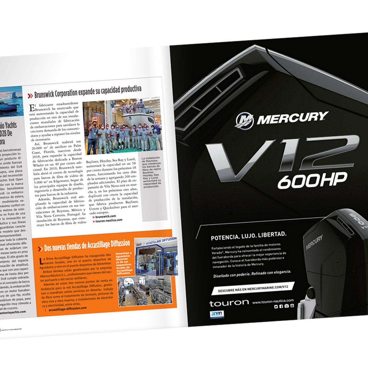 Nuestro agradecimiento por la mención a los nuevos motores Mercury Verado V12 de 600 CV en la revista Náutica y Yates, se destaca sobre ellos: Innovación técnica del sector. Un verdadero paso de gigante. Lo que va a suponer la aparición de estos motores en la Náutica de Recreo.