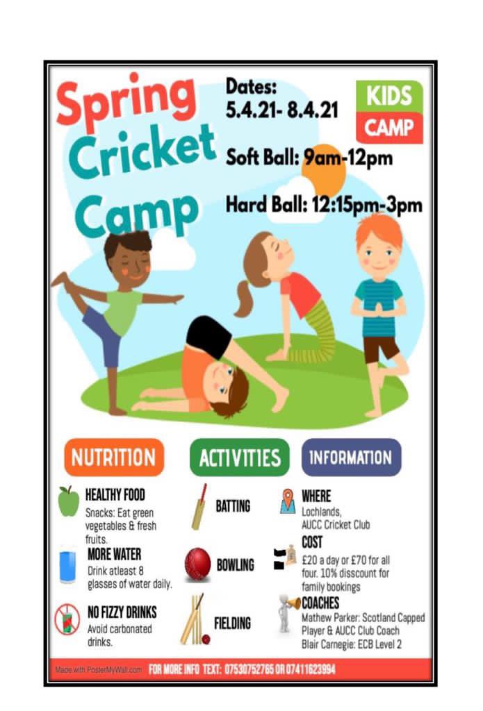 🗣 SPRING CRICKET CAMP 🏏

Arbroath United Cricket Club are happy to host a Spring Cricket Camp for Boys &amp; Girls looking to get outside and play some cricket. 

🗓 Mon 5th - Thurs 8th April 

⏰ 9am - 12pm (5-9 year olds)
⏰ 12.15pm - 3pm (10-16 year olds)