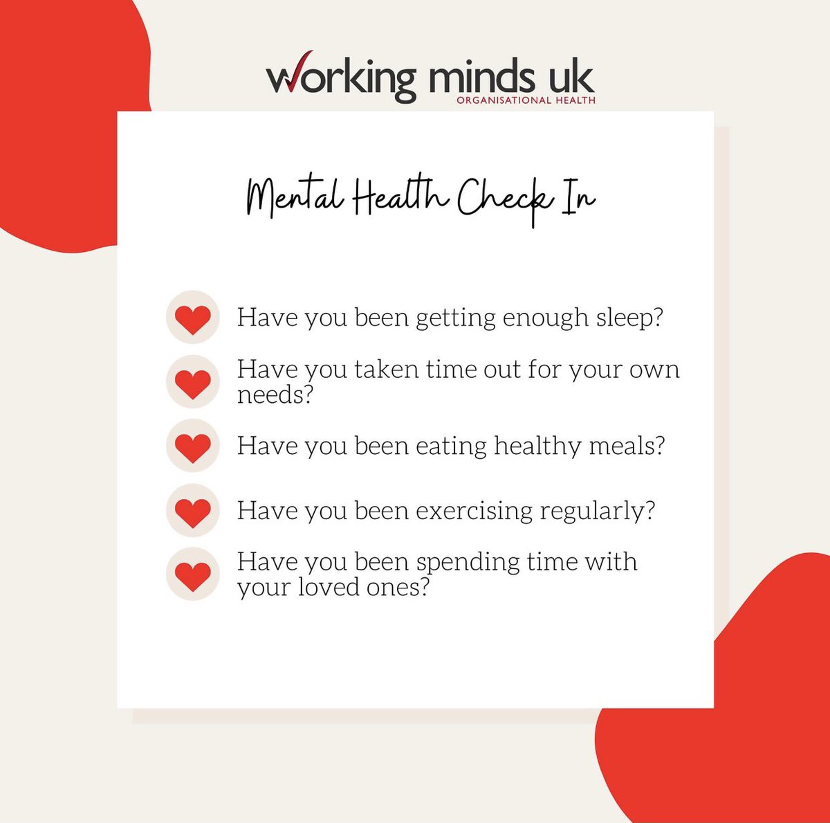 workingminds_uk's tweet photo. Are you able to tick all the boxes? ✔️
The below advice might seem simple, but it's very easy for us to get wrapped up in our busy lives and forget to take the time out to look after our mental health. Each one has an important role to play. #healthylifestyle #wellbeing #goals https://t.co/GJMXNK9lZY