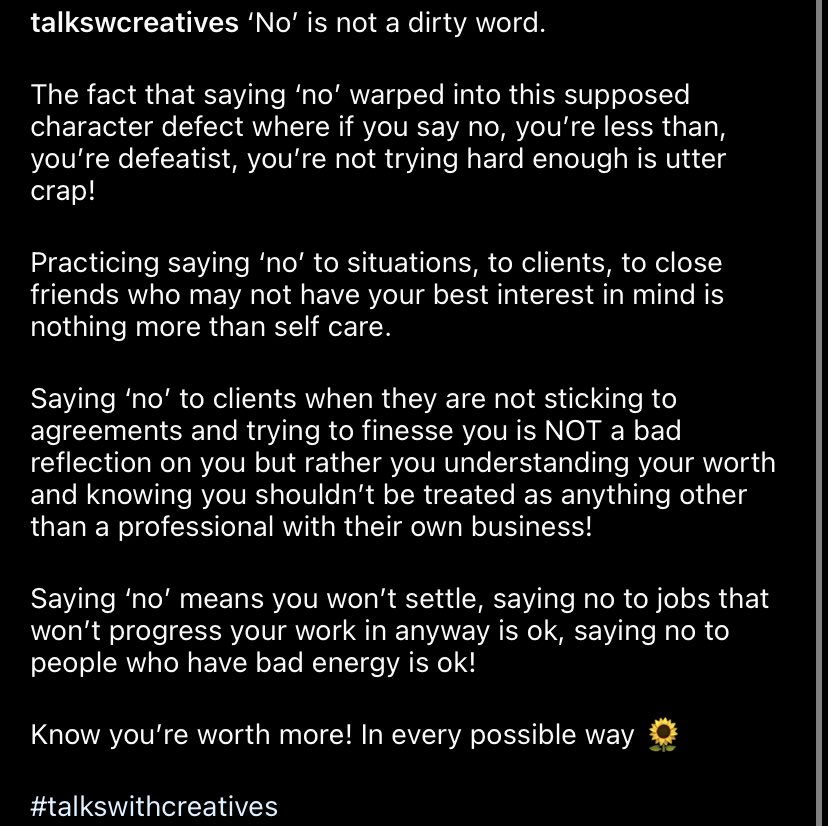 talkswcreatives's tweet photo. ‘No’ is not a dirty word!

Saying no means you won’t settle! 

#talkswithcreatives https://t.co/JTqYuVnIi2