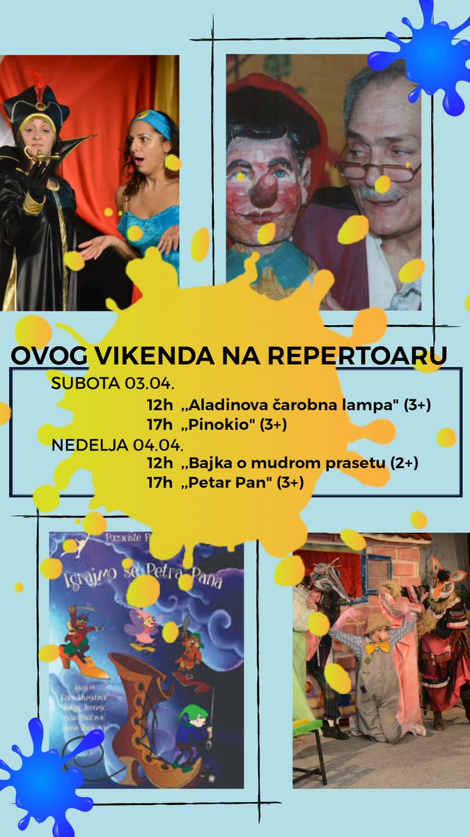 PTeatar's tweet photo. Repertoar za vikend!

Informacije i rezervacije na broj:
011/2418-524
060/3050-171

Pan teatar🎭
#pozoristepanteatar #pozoriste #pozoristezadecu #kultura #decijepozoriste #decijepredstave #zadecu #vikend #kudaupozoriste #beogradzadecu #beograd #kudazavikend #repertoar #april https://t.co/eSXdaYXhXa