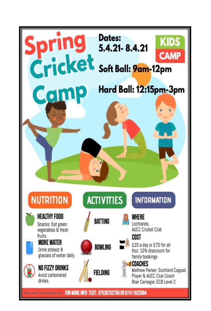 🗣SPRING CRICKET CAMP🏏

Arbroath United are happy to host a Spring Cricket Camp for Boys &amp; Girls looking to get outside and play some cricket. 

🔔No Previous Experience Needed🔔

🗓 Mon 5th - Thurs 8th April 

⏰ 9am - 12pm (5-9 year olds)
⏰ 12.15pm - 3pm (10-16 year olds)