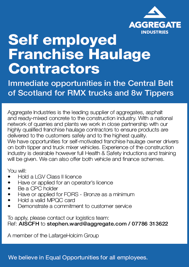 Immediate opportunities in the Central Belt of Scotland for self employed franchised haulage contractors. aggregate.com/haulage #aggregateindusties #ad