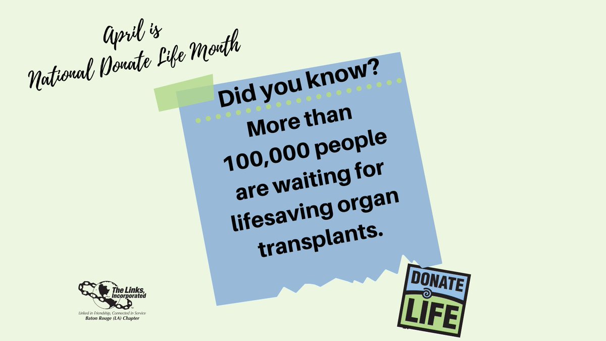 BatonRougeLinks's tweet photo. Have you considered becoming an organ donor? Sign-up at https://t.co/N2xWVKxznd #donatelife #salinksinc #linkagestolife #collectiveexcellence #linksinc https://t.co/FoHRTSTvsP