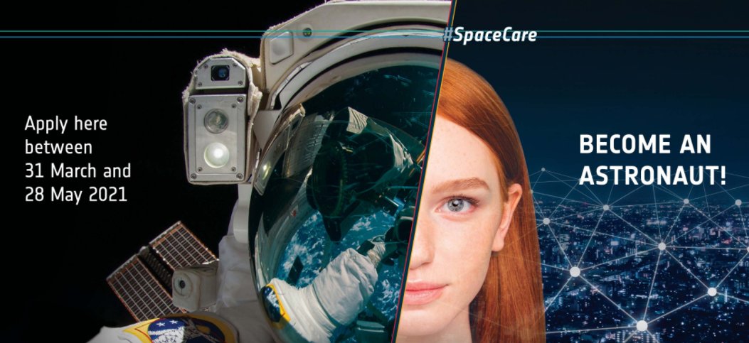 Dnešním dnem zahajuje @esa příjem přihlášek na pozici nových astronautů, hlásit se mohou i 🇨🇿 kandidáti! Přihlášky je možné zasílat až do 28. 5. 2021😉🌍🚀

Více informací naleznete zde: czechspaceportal.cz/zahajen-prijem…

#AstroSel #SpaceCare #astronautselection