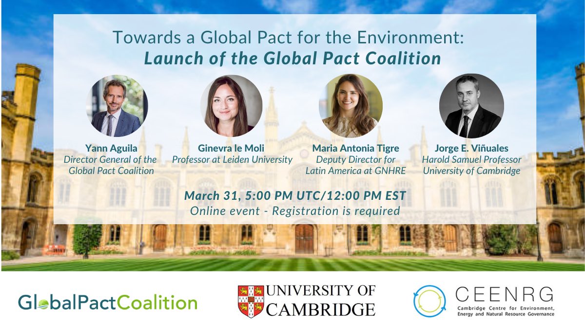 CEENRG's tweet photo. Join our #GlobalPactEnvironment launch today at 5pm **UK time** with @PactEnvironment Director General @AguilaYann, @UniLeiden Prof @G_LeMoli, @GnhreCommunity #LatinAmerica Director @toniatigre &amp; CEENRG founder Prof Jorge E. Viñuales - we hope to see you there! #OnePlanetOnePact https://t.co/XUHWF2TSiC