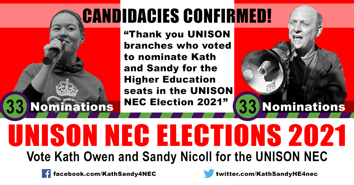 KathSandyHE4Nec's tweet photo. We are thrilled to announce that our candidacies for the #unisonNEC2021 elections have been confirmed with 33 nominations in total! We have many branches left to thank in the next couple of weeks but until then thanks so much everyone who nominated us! @Paul4Nec https://t.co/6poFnfQ12D