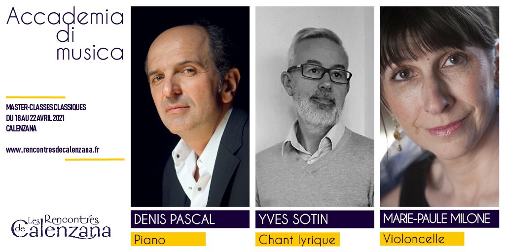 [ACCADEMIA DI MUSICA]
📍18 > 22 avril 2021, Calenzana
L'Accademia accueille cette année 3 master-classes : Piano - Denis Pascal //  Violoncelle - Marie-Paule Milone // Chant lyrique - Yves Sotin
👉bit.ly/3sFKI5w

#RMCC21 #culture #corse #musiqueclassique #masterclass