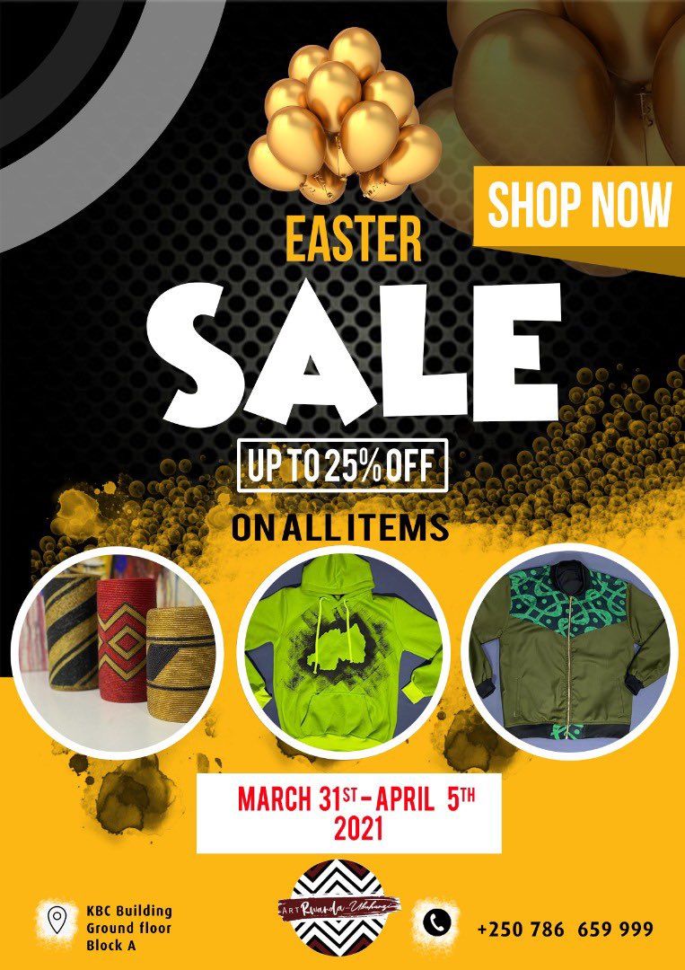Easter is only few days away, looking for something extra for your Easter baskets? ArtRwanda- Ubuhanzi Easter sale starts now!
Also order from our webstore and enjoy 25%OFF. 
👉🏻buy.artrwanda.rw