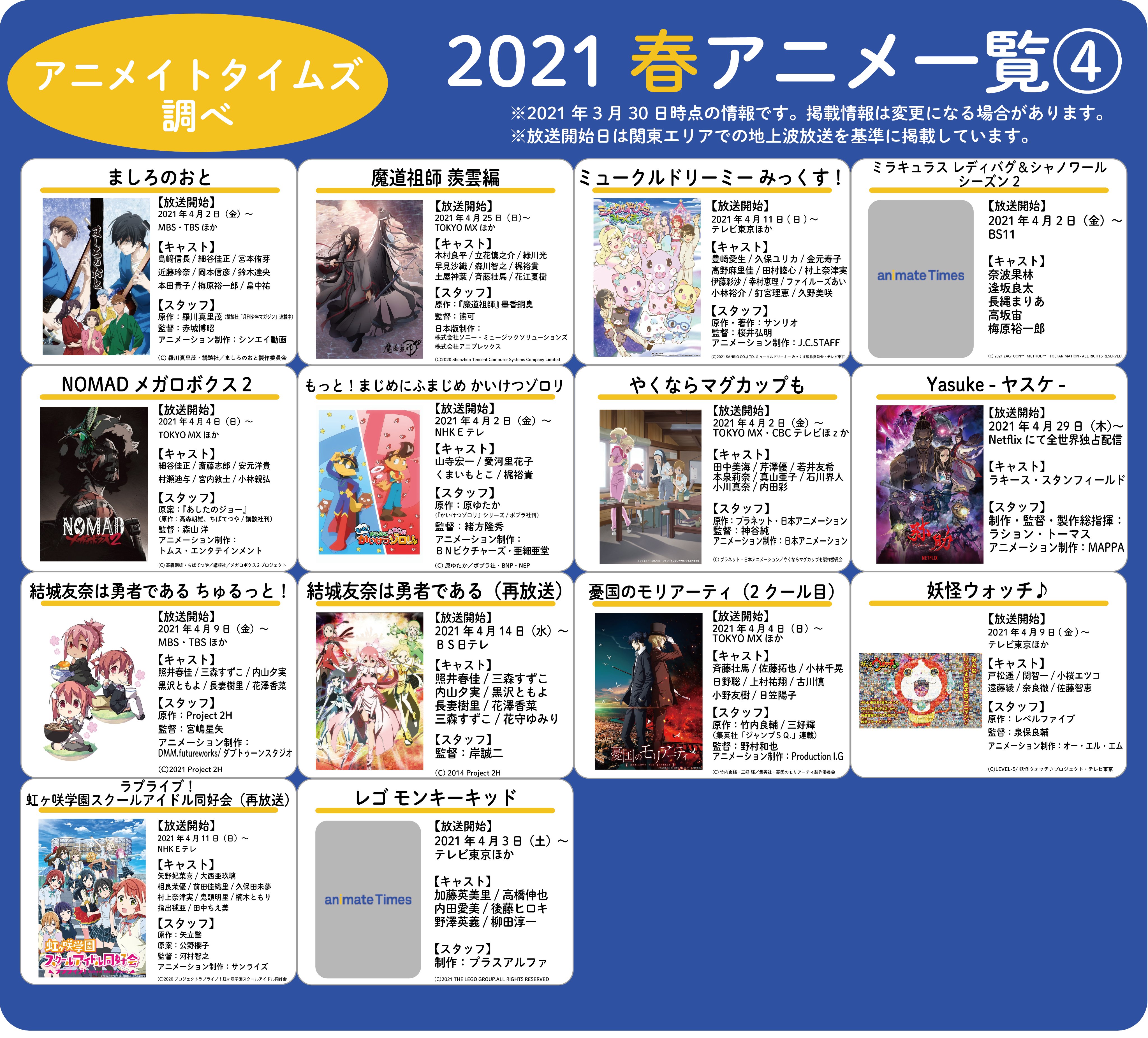 アニメイトタイムズ公式 21春アニメ 一覧 Ver 3 追加更新 春アニメの一覧画像更新しました 4月に入る前に春アニメ情報をまとめてチェックしよう さらに詳しい作品情報を知りたい方はこちら T Co Yyv6cojun7 T Co