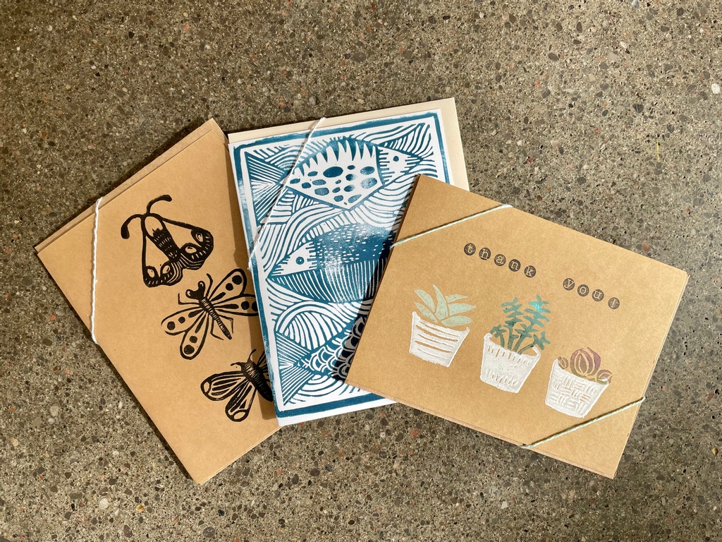 The #GreenUP Store is teaming with new life, now that <a href="/brigosselin/">Brianna Gosselin</a> stopped by with lovely spring-themed cards! 

Each one is printed using hand-carved linostamps &amp; features whimsical creatures &amp; joyful designs.

Available in store + online at shop.greenup.on.ca/products/handc…