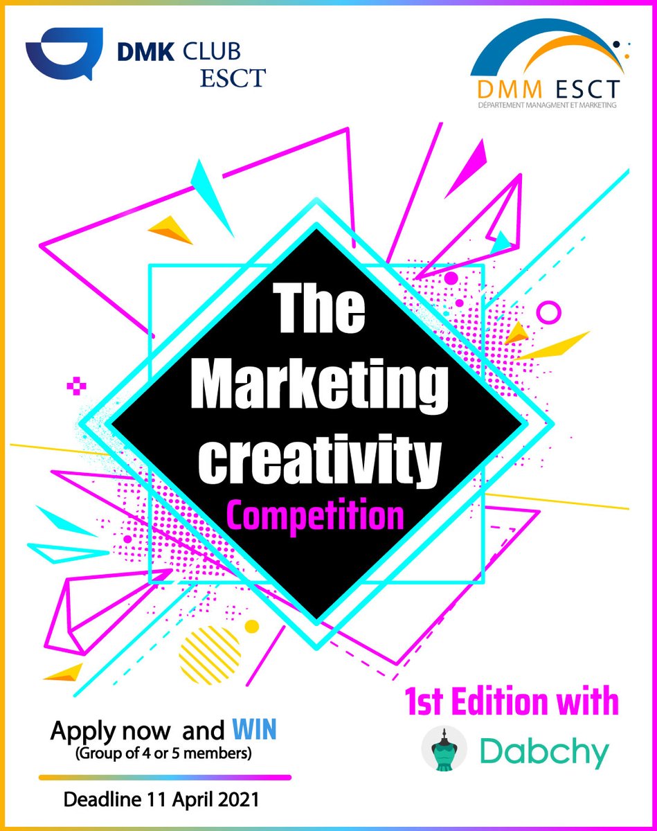 DmkEsct's tweet photo. Le Département Marketing et Management en collaboration avec le DMK Club ESCT lancent la 1ere édition de la compétition « Marketing Creativity » . 
#Competition  #Marketing #dmkesct #creativity https://t.co/qO8HGjKJ79