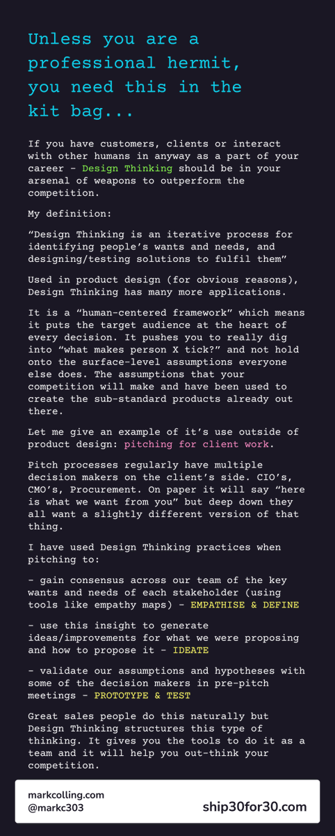 markc303's tweet photo. Day 3 of my #ship30for30. This one flowed more easily as it was a topic I know well. Could've done with sleeping on it and a further edit but c'est la vie.

TL;DR Design Thinking gives you a framework for empathy in your job, something everyone needs #designthinking https://t.co/R5gDFgpqwt
