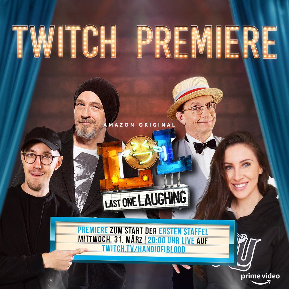 Ab morgen ist Schluss mit lustig, aber losbrüllen dürft Ihr heute Abend schon. Zusammen mit @handiofiblood und @Gnu_Official_ sind @BoningWigald und @TStraeter44149 bei der offiziellen Premiere von LOL: Last One Laughing auf Twitch. Hier einschalten: twitch.tv/handiofiblood