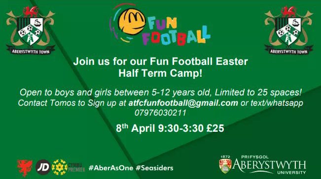 Fun Football is back! ⚽️

Very limited spaces available on this 1-day football camp, so be sure to contact <a href="/TRobsonCoach/">Tomos Robson</a> by email or text as seen below👇

#AberAsOne #Seasiders