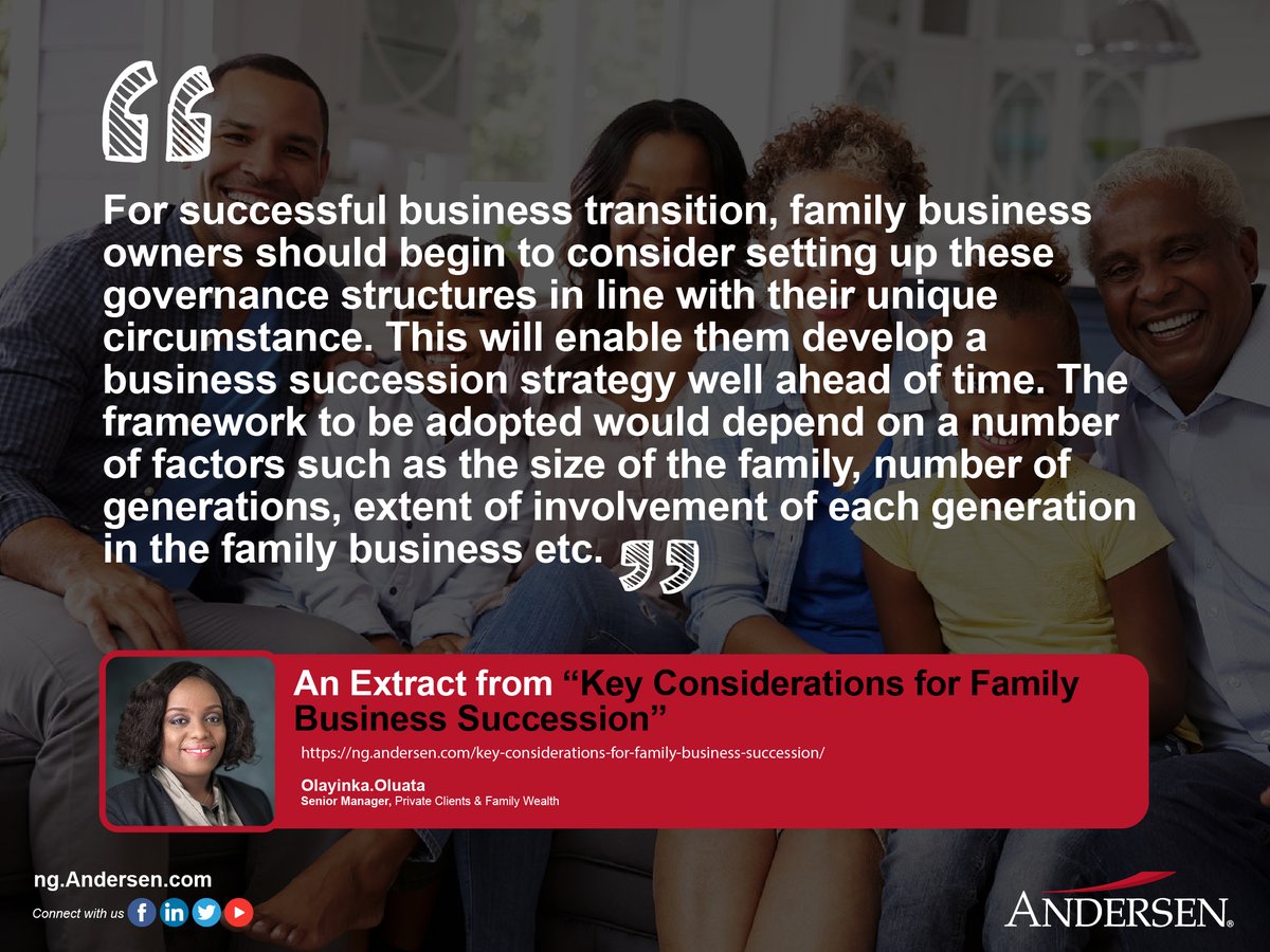 AndersenNigeria's tweet photo. This is an extract from our article "Key Considerations for Family Business Succession"
https://t.co/GVeSvYzwSd…
#familybusiness #businesssuccession #businesses #governance #successionstrategy https://t.co/Hl5C1n1nuU