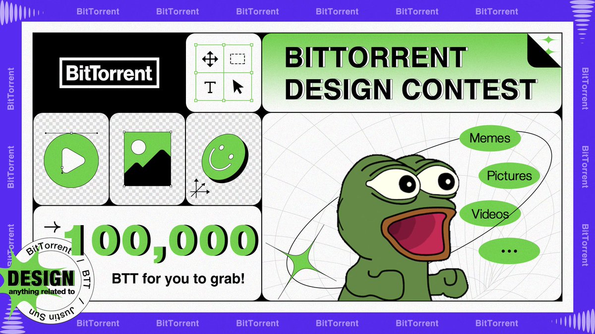 BitTorrent's tweet photo. 💥Free your mind at #BitTorrent Design Contest and win 100,000 $BTT!

✅Create #memes, videos or pics for BitTorrent, #BTT or @justinsuntron 
✅RT + Reply with your artwork 
✅Top 10 with the most likes will get 10,000 $BTT each

⌛️DDL: 9AM 7th Apr (UTC)

#BitTorrent #BTT  #art https://t.co/CN7qUZkPOs