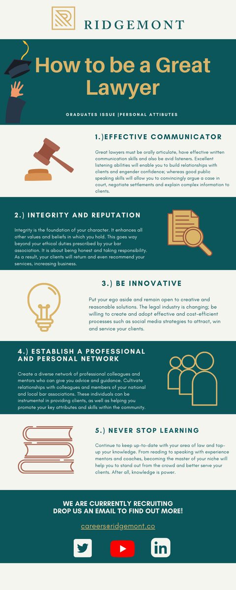 5 tips to being a great lawyer-We are currently recruiting for a Paralegal! Drop us an email with a CV at careers@ridgemont.co to learn more.

#recruitment #lawyers #hiring #jobs #careers #jobsearch #graduaterecruitment #graduatejob #constructionlaw #cv #paralegaljobs #paralegals