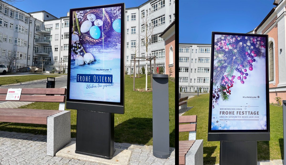Great example of how our all-weather rated outdoor kiosks can be used in any public environment for advertising, information &amp; wayfinding. German integrator VSH Medientechnik Furtner installed a KOF555-1OHF-EUK with Samsung OHF display at Kilinikum Passau #AVTweeps