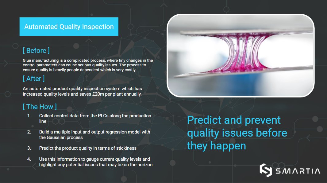 smartia_tech's tweet photo. Case Study 11 - Automated Quality Inspection
An automated product quality inspection system was implemented, which has increased quality levels and delivers a cost saving of £20m per plant, annually.
info@smartia.tech
https://t.co/VS5aek2HvN
#smartia #ai #automation #iot #ml https://t.co/Ht8yfdsDLr