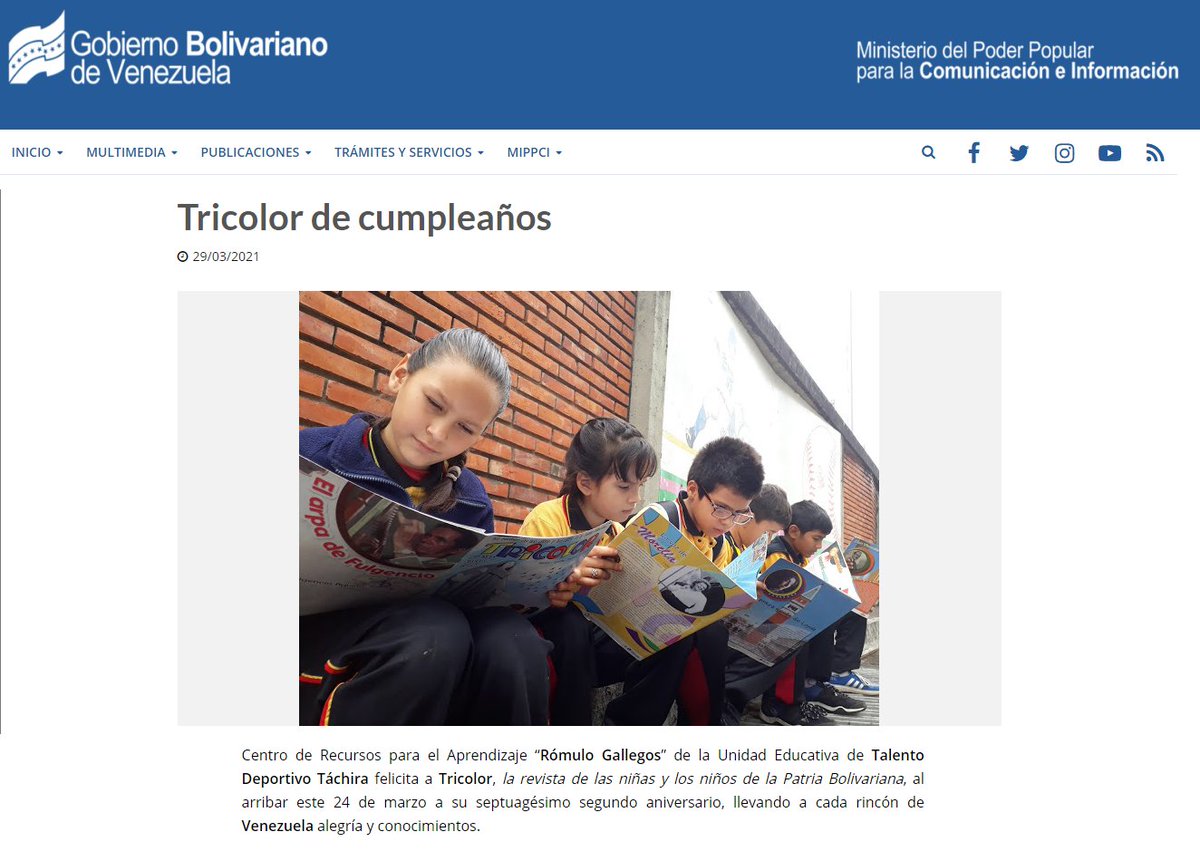Vía <a href="/macomunitarios/">Medios Alternativos y Comunitarios</a> <a href="/Mippcivzla/">mippci</a> Centro de Recursos para el Aprendizaje “Rómulo Gallegos” <a href="/UETDT/">UETalentoDeportivo</a>  felicita a #Tricolor, la revista de las niñas y los niños de la Patria Bolivariana @MPPEDUCACION <a href="/RosangelaOrozco/">Rosangela Orozco</a> <a href="/charlychaves/">Charly Rojas Chaves</a> 
➡️bit.ly/2PHPmSf

#TodosContraElVirus