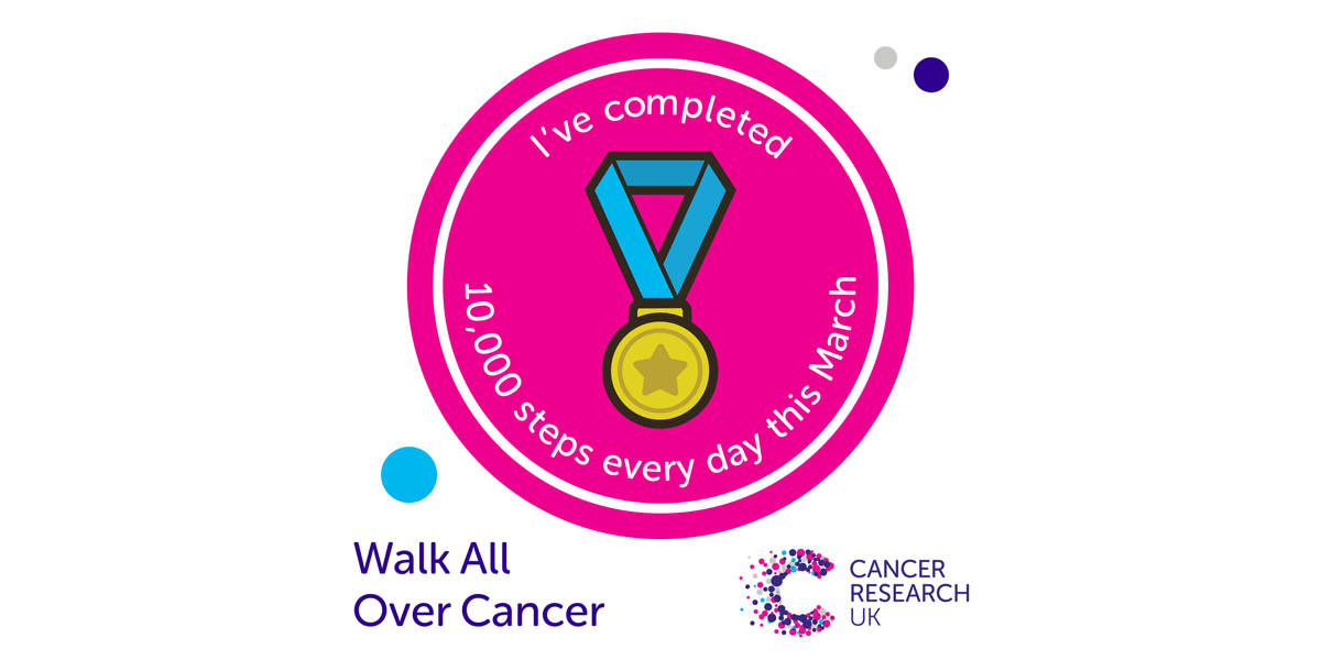 CR_UK's tweet photo. You did it, #WalkAllOverCancer heroes! 🏅✨ By walking 10,000 steps every day this month, you’re helping us beat cancer. Thank you all so much! Share this badge and let your followers know. https://t.co/UyeaDu2Z9t