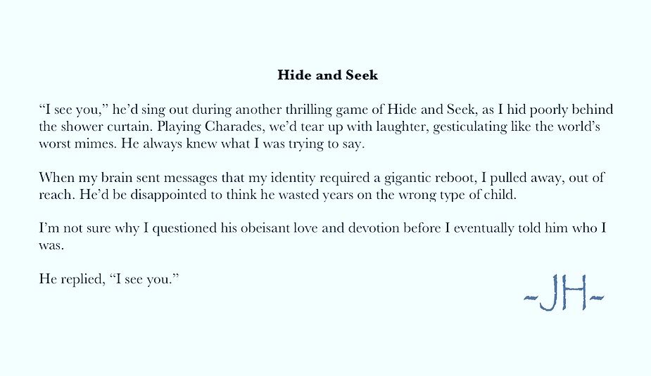 JayHeltzer's tweet image. “Hide and Seek”

Day 60 of #the100DayProject #vss365 #museprompt
#painfulprompts #flexvss #rockandverse #Transdayofvisibility
#100Days100pics100Stories100Words #100DayProject2021 #100DayChallenge #WritingCommunity #100WordStory #WriteOn 
📸: Guilherme Caetano on Unsplash