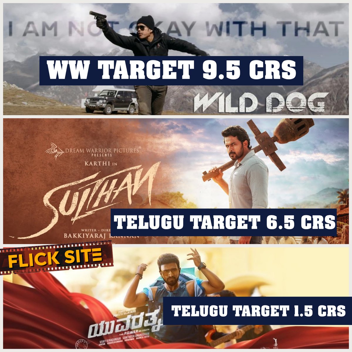 FlickSite's tweet photo. Seems Hard Again 😳
Which Movie Are You Gonna Watch ? 
#WildDog #Sulthan #Yuvarathnaa 
#PreBusiness #Breakeven #FlickSite #FlickSiteMovieTargets https://t.co/lLjC1kLZFT