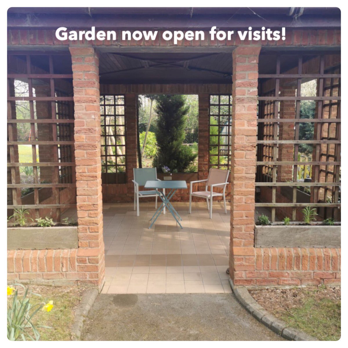 We are so lucky to have this brick gazebo with open sides for garden visits. In line with Government Guidance we can now accommodate both indoor visits in the pod and outdoor visits too. 
Just in time for Easter 🐣
