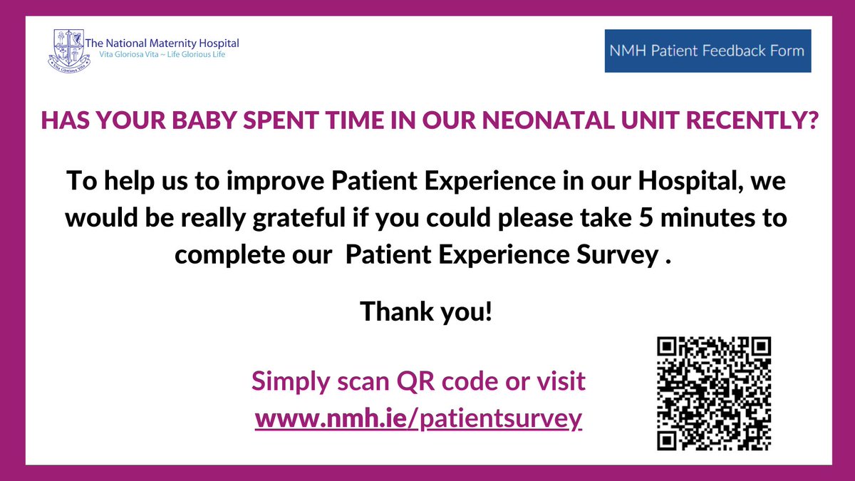 We need your help!

Has your baby spent time in our #neonatalunit recently? We'd love your feedback.

Visit nmh.ie/patientsurvey to fill out our online form, it takes about 5 mins.

Your #patientfeedback is vital in helping us achieve excellence in maternal & neonatal care 🙏