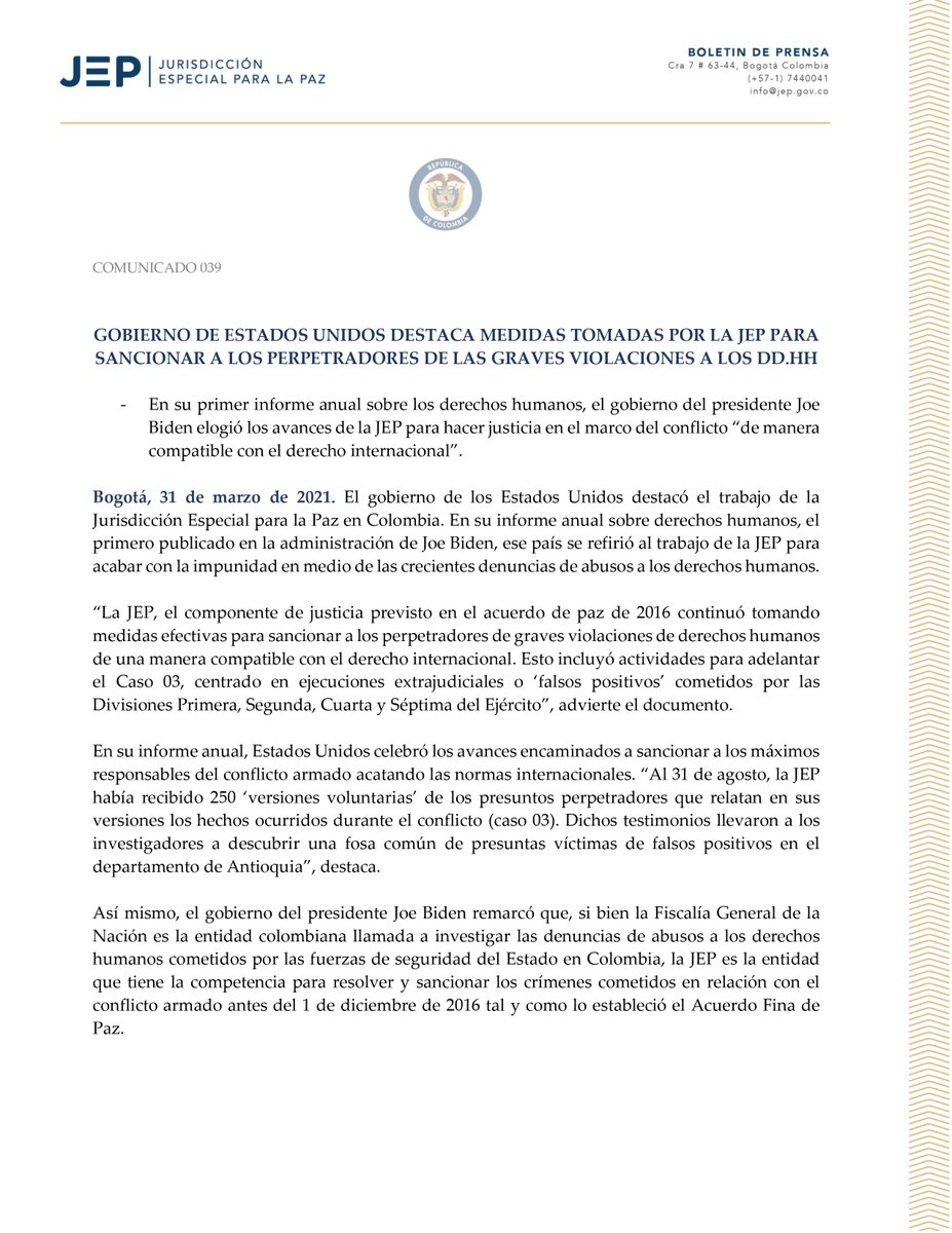 JEP_Colombia's tweet photo. 📰En su informe anual sobre los derechos humanos, Estados Unidos destacó las acciones que ha emprendido la JEP para sancionar a los perpetradores de las graves violaciones a los derechos humanos cometidas en el marco del conflicto en Colombia.
#Comunicado: https://t.co/LsJlhY63Xk https://t.co/JO6FE99zE1