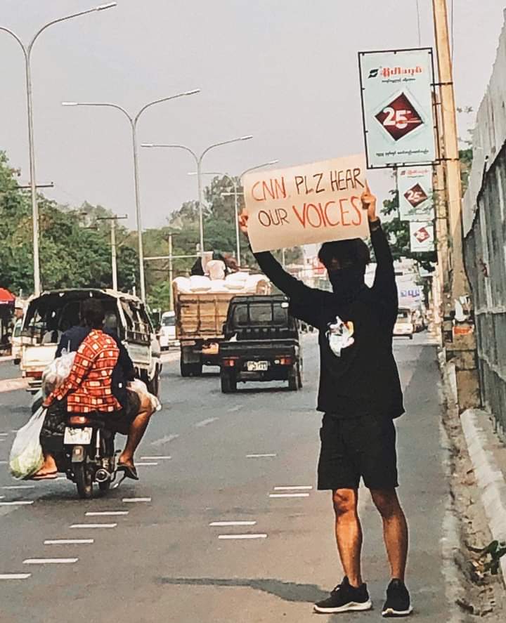 This young man from Mandalay is requesting CNN to hear our voices from Myanmar. CNN, please show to the world how Military Terrorist (SAC) is killing innocent civilians &amp; violating our human rights in every way. #Mar31Coup #WhatsHappeningInMyanmar