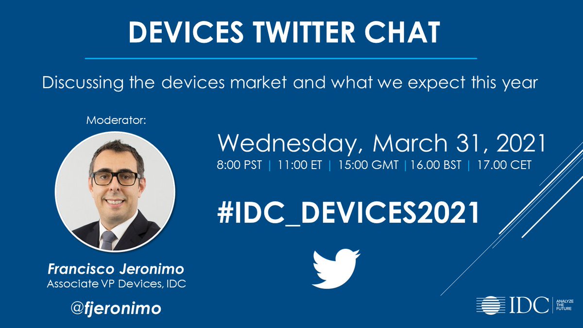 fjeronimo's tweet photo. Join me today for a Twitter chat on devices in 2021 at 16h00 UK time and ask analysts your questions #IDC_DEVICES2021 https://t.co/VOBm45Cahr
