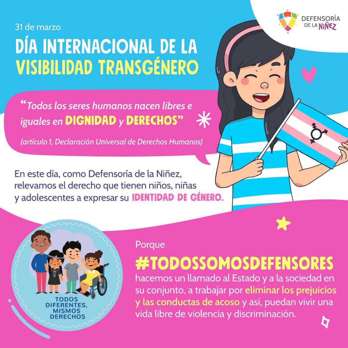 Porque #todossomosdefensores hacemos un llamado al Estado y a la sociedad a trabajar por eliminar los prejuicios y las conductas de acoso #diainternacionaldelavisibilidadtrans 🏳️‍⚧️