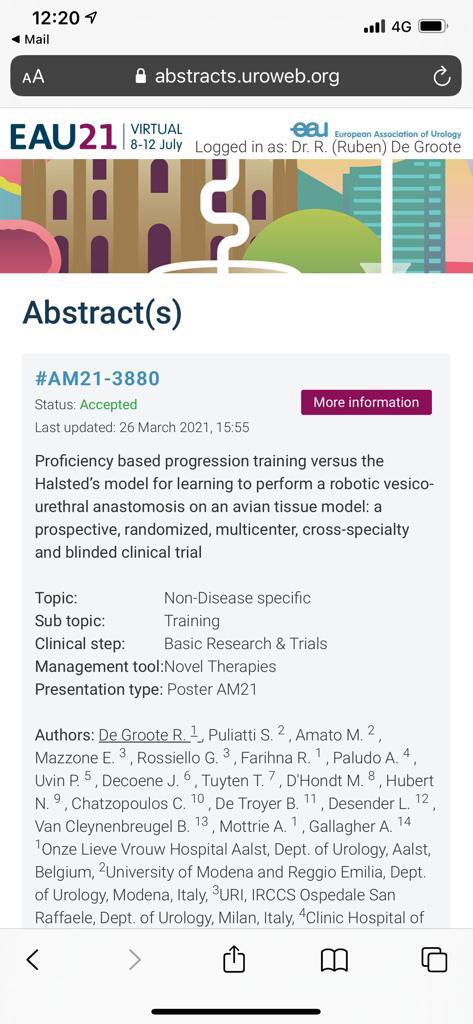 AalstOlv's tweet photo. A few of our accepted abstracts for virtual EAU 2021 Milan. Nice collaboration between @AalstOlv and @orsiacademy. Moving forward to surgical training of the 21st century #proficiencybasedprogression @alexmottrie @Ruben_De_Groote @PuliattiStefano @elio_mazzone https://t.co/nXb2glIZD1