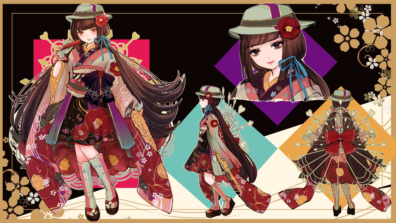 こもりひっき 幻想少女絵 和姫椿 クールジャパンコンテストに参加させていただくためデザインした椿と桜モチーフの女の子 キャラです 和レトロ 和モダンな鮮やかな色使いや 美しい伝統の文様 キャラクターデザインを学ぶことができ 楽しかった