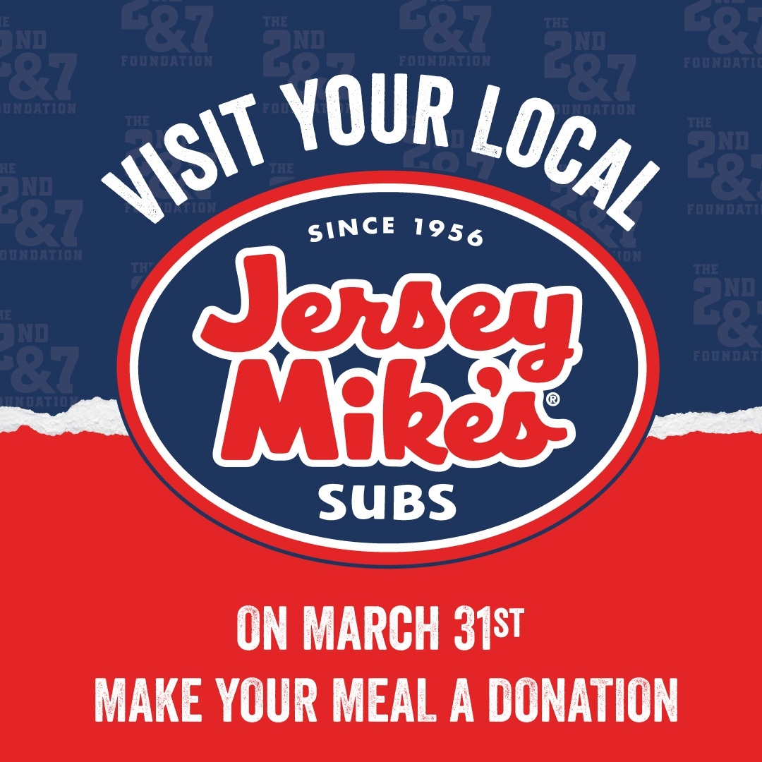 TODAY is the day! On Wednesday, March 31, Jersey Mike's DAY OF GIVING, 100% of the day’s sales - EVERY SINGLE DOLLAR - will be donated to The 2nd & 7 Foundation.
#JerseyMikesGives #readersandleaders