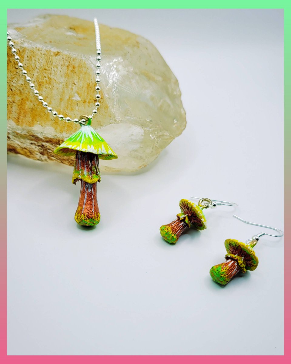 EverydayMari's tweet photo. 💚💛Trippy Drippy Green Necklace &amp; Earring set!
.
..
#drippygreen #trippygreen #necklaceandearrings #mushroom #mushroomjewelry #psychedelic #trippymushroom #shroomjewelry #mushroomcollection #shroomart #polymerclay #polymerclaypendant #mushroompendant #handsculpted #handpainted https://t.co/xaoPqQO9Ft