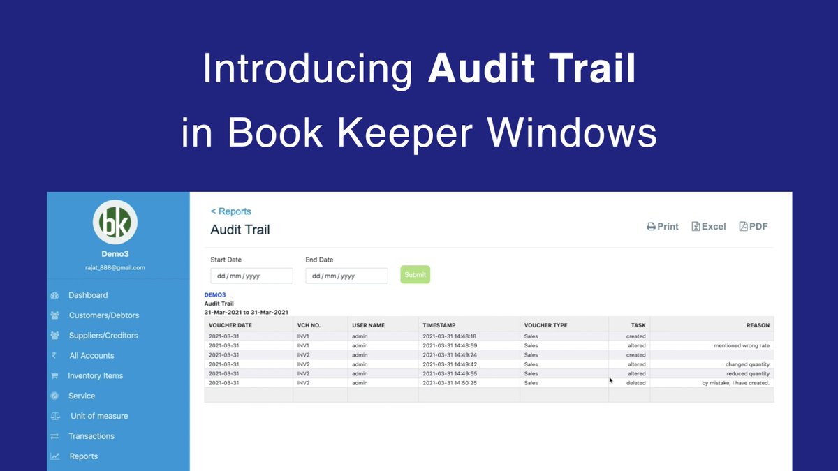 BookKeeperApp's tweet photo. Introducing audit trail in Book Keeper Windows. Now you can conduct audit trails conveniently through Book Keeper.

Learn more https://t.co/aiJVppne6Z

Call: +91-9999176746 
Email: support@bookkeeperapp.net

#BookKeeper #audittrail #MinistryofCorporateAffairs #AccountingSoftware https://t.co/rEsQAnF1h6
