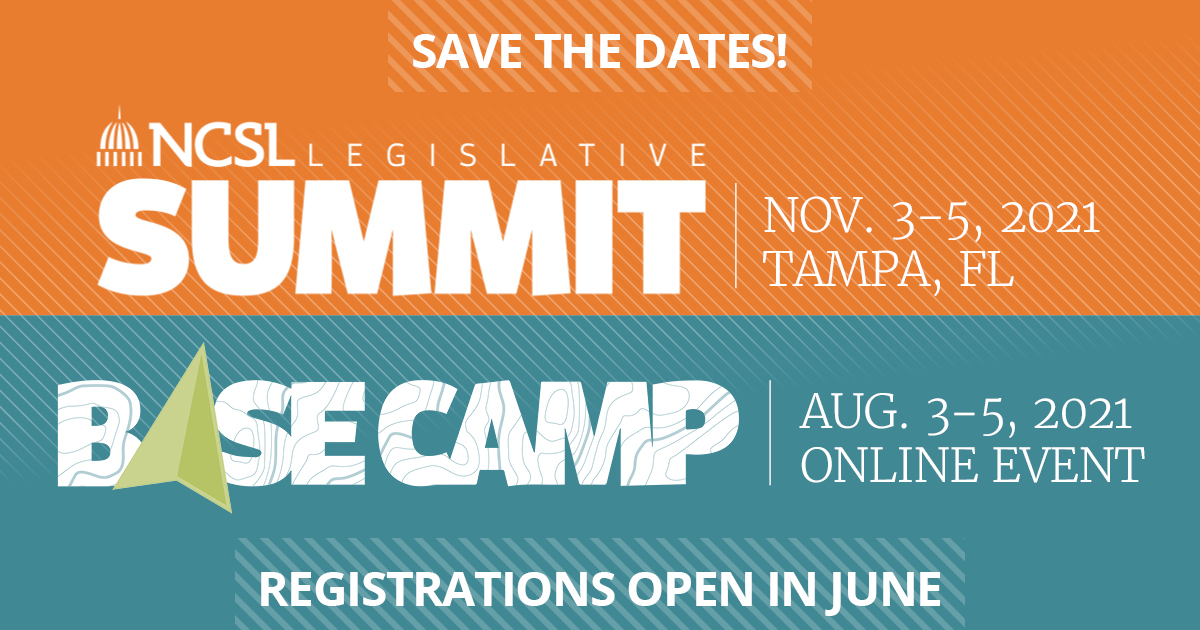 NCSLorg's tweet photo. MARK YOUR CALENDAR! Announcing two opportunities for you to connect with colleagues. 

@NCSLorg Base Camp 2021—our premier online event Aug. 3-5 &amp; the NCSL Legislative Summit is back &amp; in person, Tampa, FL, Nov. 3-5.

Save the Dates: https://t.co/cIUly8i0XJ | #NCSLbc #NCSLsummit https://t.co/jrLrn9f0Ia