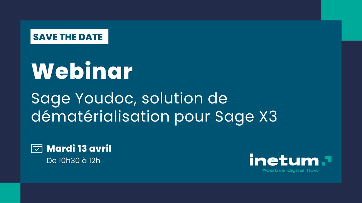 inetum_fra's tweet photo. [#webinar] Découvrez Sage Youdoc, solution innovante de #dématérialisation intégrée à #SageX3.
 Co-animé avec le @GroupeT2i et @bertrand_tack de @SageFrance.
🗓 mardi 13 avril 2021 de 10h30 à 12h
➡ Inscriptions: https://t.co/4YIdx5mE40
#Sage #Youdoc #GED #Positivedigitalflow https://t.co/pFrt75ZKzu