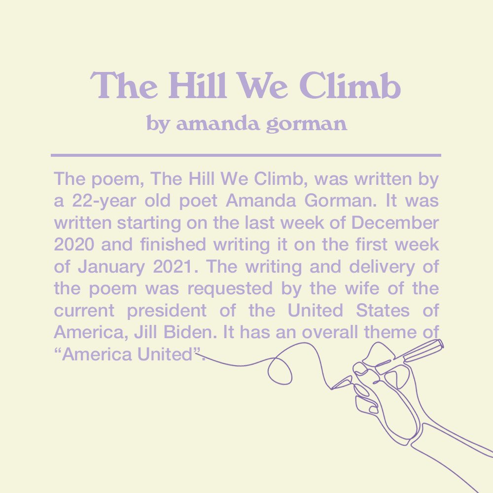 lahadph's tweet photo. The Hill We Climb by Amanda Gorman 
Woman Work by Maya Angelou 
A Woman Speaks by Audre Lorde 

(2/3) https://t.co/J5XBWnUmAg