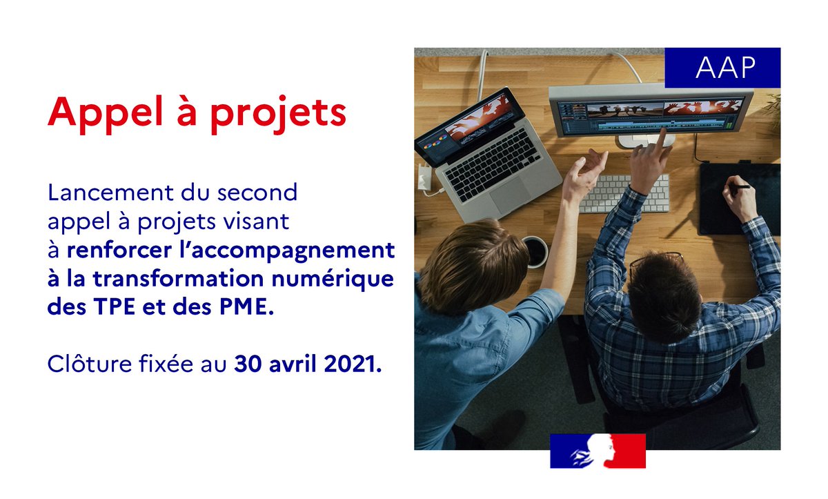 DGEntreprises's tweet image. #AAP I Dans le cadre de #FranceRelance et de l&apos;initiative #FranceNum : lancement de la deuxième vague de l&apos;appel à projets &quot;Accompagnements des #TPE #PME à la transformation #numérique&quot;
📂 Candidatures jusqu&apos;au 30 avril 👉 bit.ly/3dk9L7S
➕ Infos: bit.ly/3fxlFOq