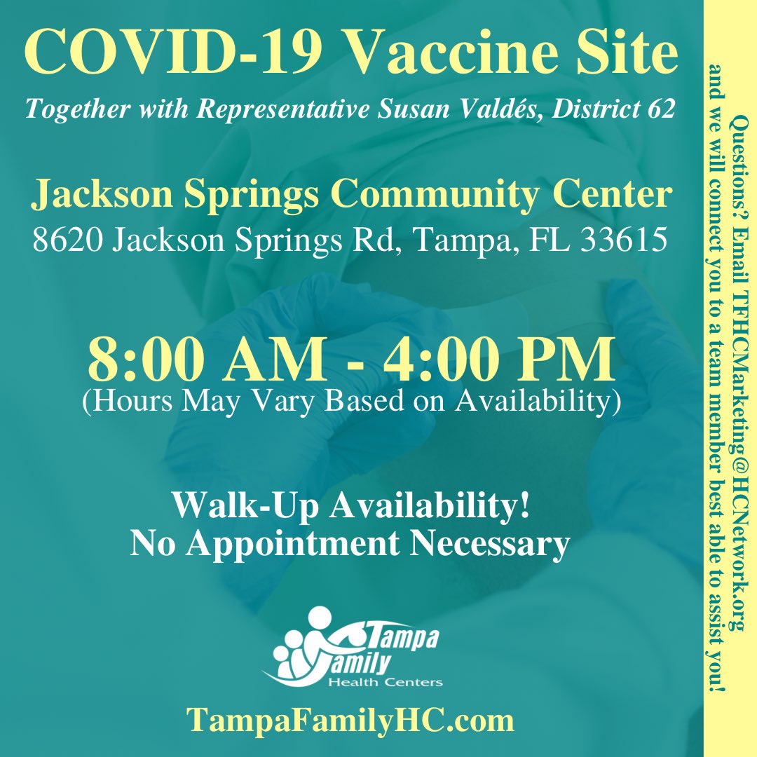 tampafamhealth's tweet photo. Today’s the day! Together with Representative @SusanLValdes, the #COVID19 vaccine is available now:
📍Jackson Springs Community Center
⏰ 8:00 AM -  4:00 PM (hours may vary!) 
✔️ Walk-In; No Appointment Necessary!

Visit https://t.co/XPWdcL9Lcj for more information! https://t.co/vl99QpU184