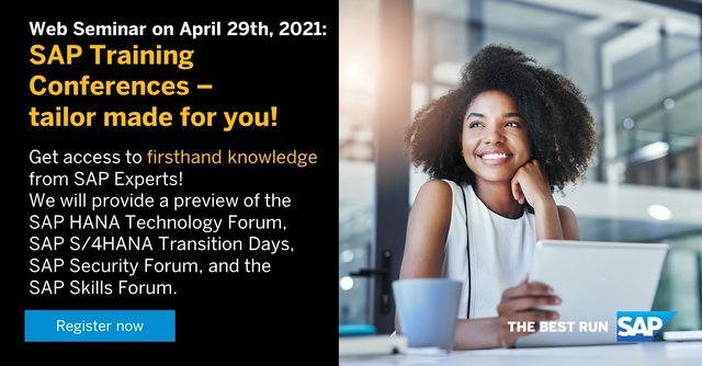 MadhurAwasthi10's tweet photo. In this #webseminar, we will provide a preview of the #SAPHANA Technology Forum, SAP #S4HANA Transition Days, #SAPSecurity Forum, and the #SAPSkills Forum. The Web-Seminar will take place on April 29th, 2021 from 11.00 to 11.30 AM (CEST). https://t.co/tNnX081S3Z https://t.co/xSy4MkOW2X