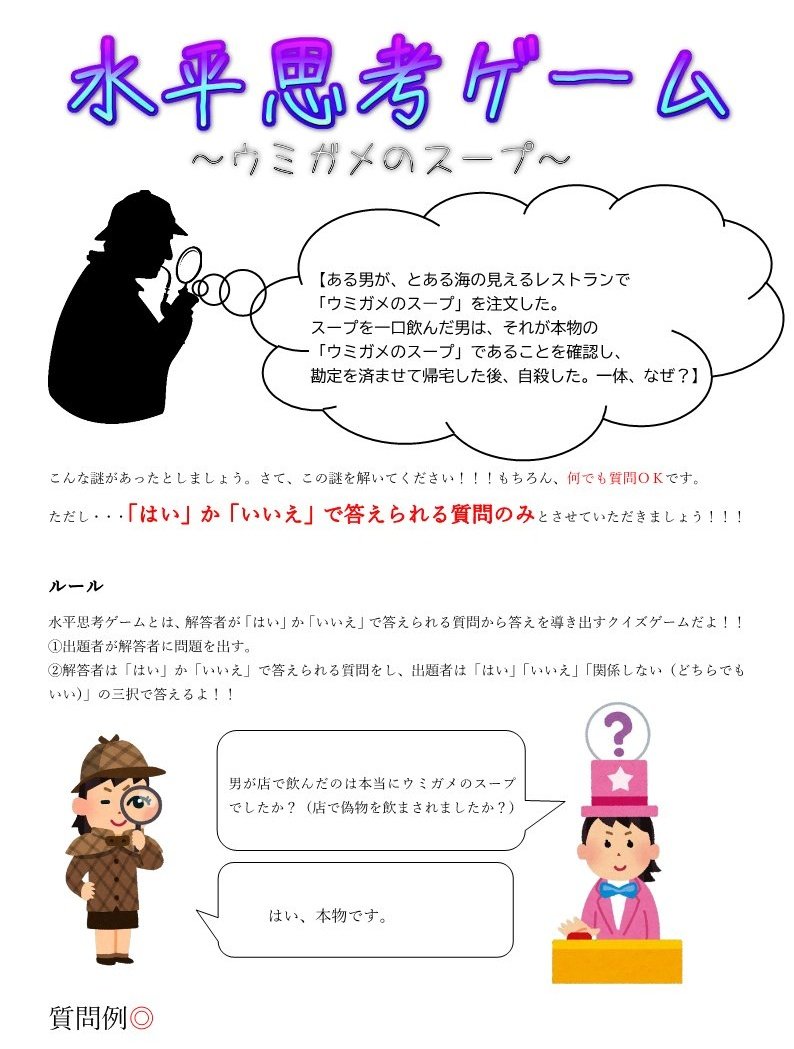 奈良女nik 本日のボードゲーム どうしてこうなった 真実は闇の中 いや スープの中にあるかもしれません Yes Noの質問だけで答えを導き出せ 水平思考ゲーム こんな人にオススメ クイズや謎解きが好き 複雑なルールは苦手 すぐ遊べて