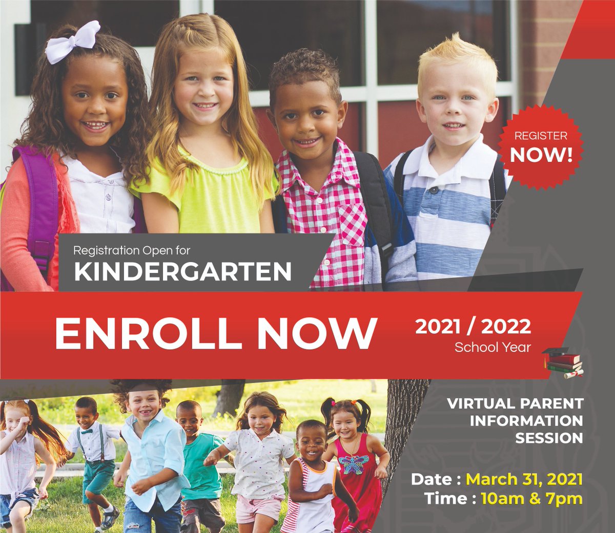 DON'T FORGET today's kindergarten registration events.  On Wednesday, March 31, 2021, we will be hosting two virtual information sessions (select one) for our incoming kindergarten families. 1st Session @ 10:00am
2nd Session @ 7:00pm https://t.co/DoFPEur933 https://t.co/vbWJOm4uam